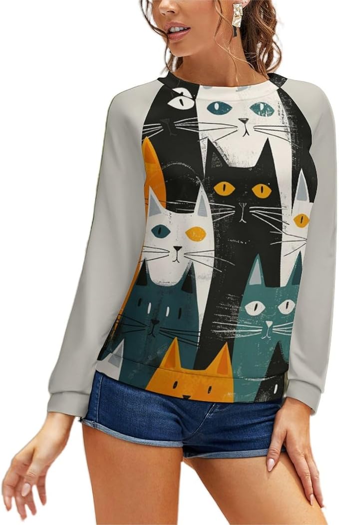 Long Sleeve Shirt Women Fall Cat Print Funny Hide Belly Vacation Plus Size Ladies Hippie Dressy Sweaters