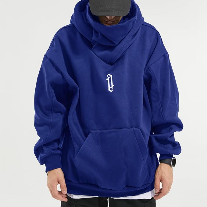 Fleece Hoodies for Men Cowl Neck Sweatshirts Hood with neck Gaiter Casual Pullover Fall Winter with Embroidery
