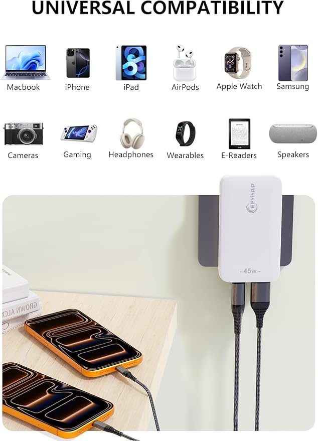 45W Flat USB Charger Block with GaN Tech, Compact USB C & USB A Dual Port Wall Charger for iPhone 17,16,15,14,13,iPad, AirPods, Galaxy S25/S24/S23 (2 Pack)
