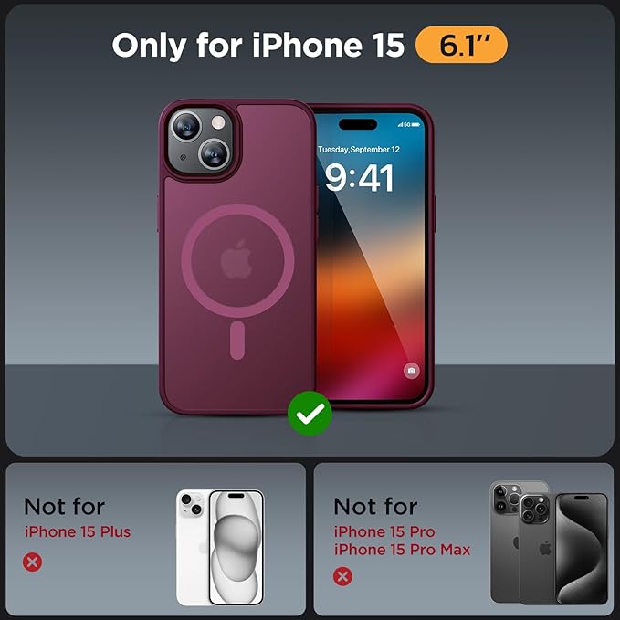 Miracase Magnetic for iPhone 15 Case (Compatible with MagSafe)（with 2X Screen Protectors） Military-Grade Protection, Anti-Fingerprint Translucent Matte Phone Cover for iPhone 15 6.1 inch, Wine Red
