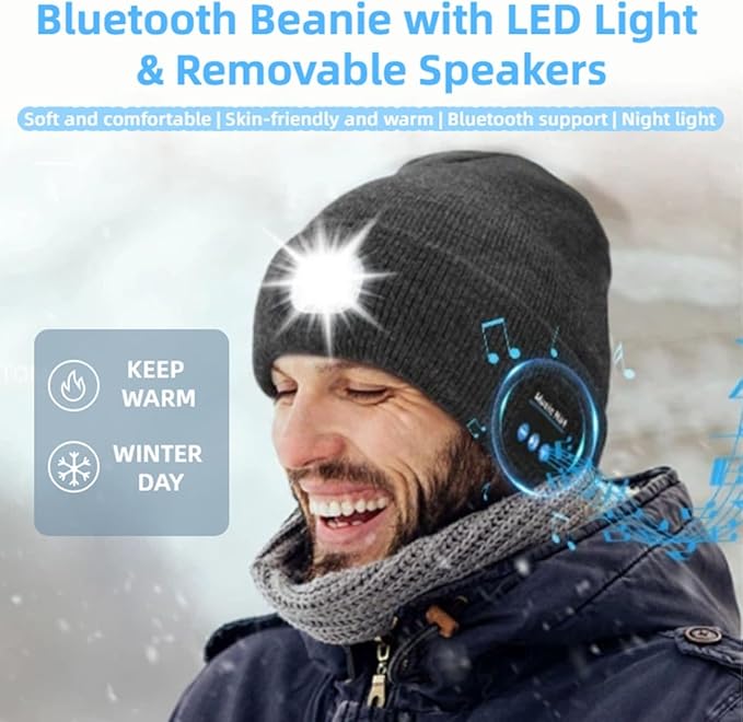 Bluetooth Beanie with LED Light & Removable Speakers, USB Rechargeable Bluetooth Beanie Hat with Light,for Men Husband Teen