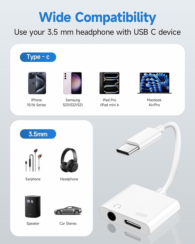 USB C to 3.5mm Headphone and Charger Adapter, 2-Pack Type C to Aux Jack Dongle Cable Cord with PD Fast Charging for iPhone 15/16/17 Pro/Max/Plus, iPad, Samsung Galaxy S22/S23/S24 Ultra, Note 20