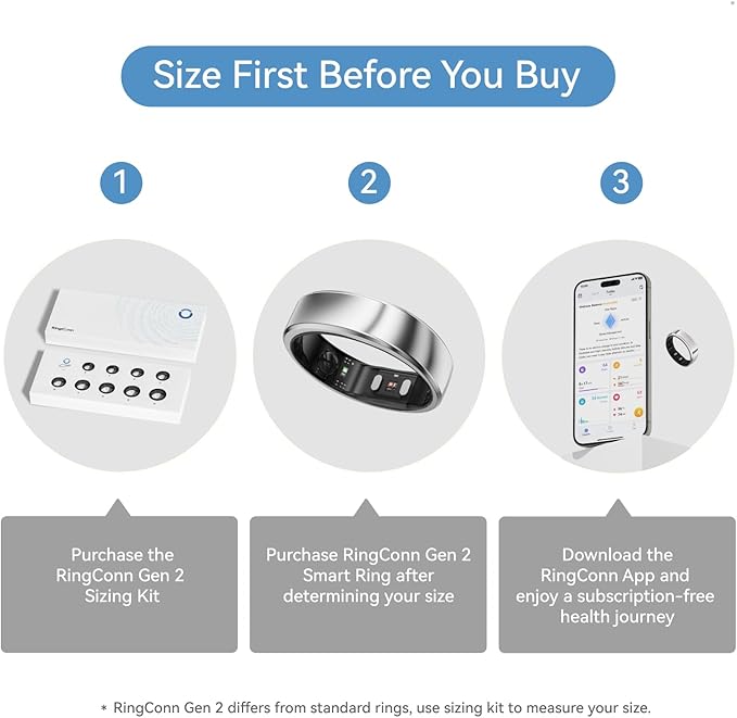 RingConn Gen 2, World’s First Smart Ring with Sleep Apnea Monitoring, No APP Subscription, 12-Day Battery Life, Stress/Heart Rate/Women's Health Tracker, Android & iOS Compatible (Silver, Size 14)