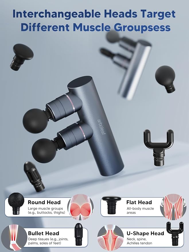 arboleaf Massage Gun Deep Tissue with Double Heads, Full-Metal Electric Portable Handheld Massager for Back, Shoulder, Sore Muscles, Pain Relief, 5 Modes, Seamless Speed Control