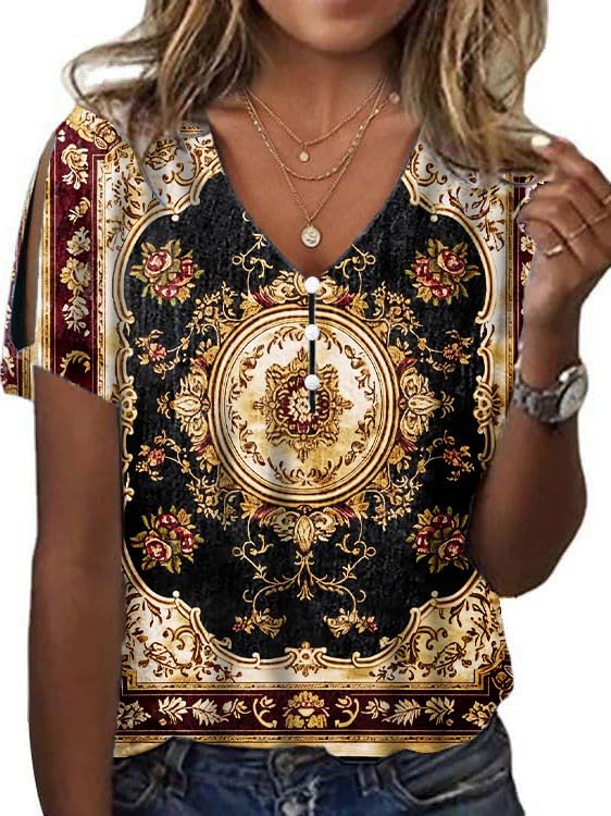 Women's Boho Butterfly Floral Print Cold Shoulder Flowy Tops Summer Dressy Casual V Neck Ladies Blouses Tunic Tops