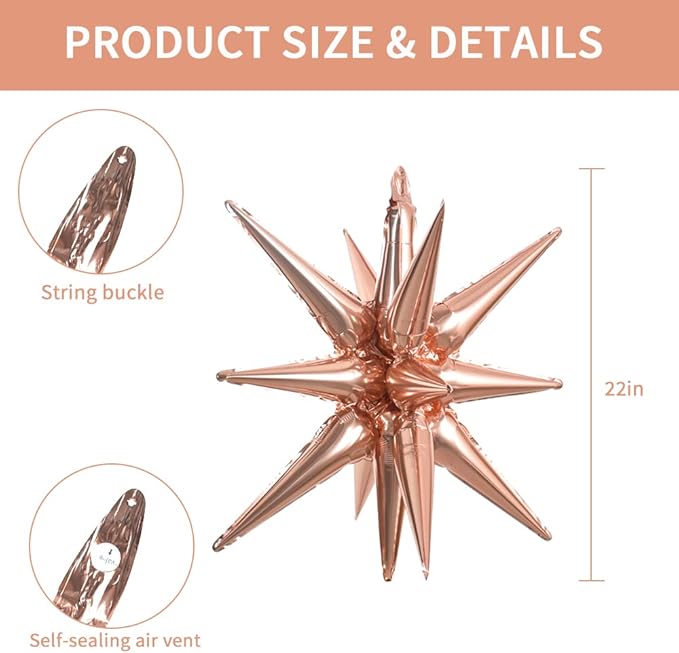 TONIFUL 4 Pcs 22inch 4D Huge Rose Gold Star Balloons Explosion Star Mylar Foil Balloons for Party Supplies Backdrop Christmas New Year Birthday Wedding Photo Booth Ornament