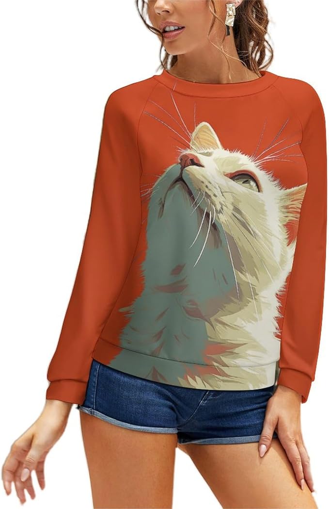 Long Sleeve Shirt Women Fall Cat Print Funny Hide Belly Vacation Plus Size Ladies Hippie Dressy Sweaters