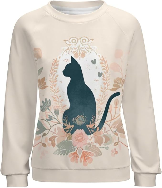 Sweatshirt for Women Cat Print Fashion Funny Plus Size Ladies Dressy Crewneck Casual Trendy Tee Shirts