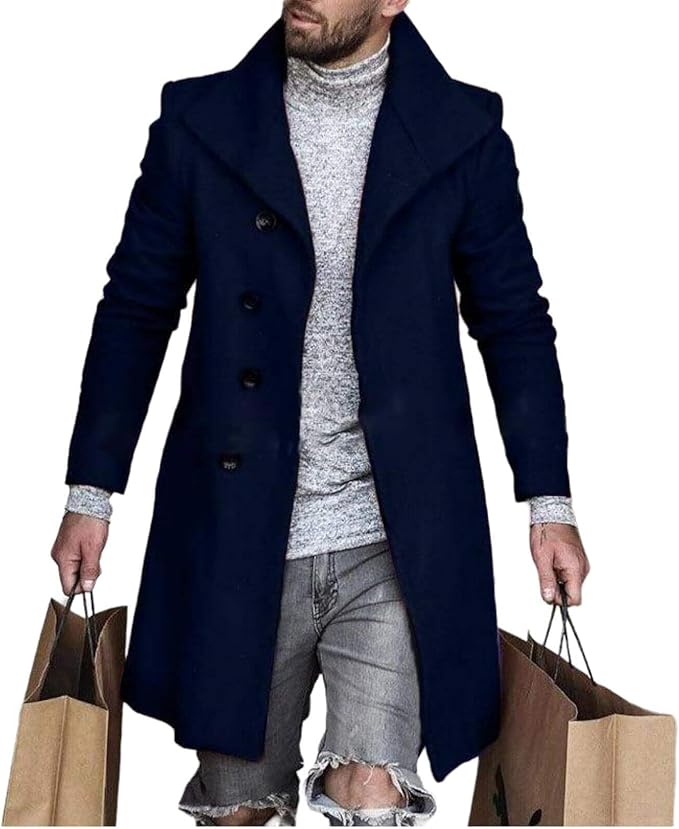 Men's Plaid Long Trench Coat Mid - Length Lapel Collar Button Down Warm Overcoat for Winter & Autumn Fashion