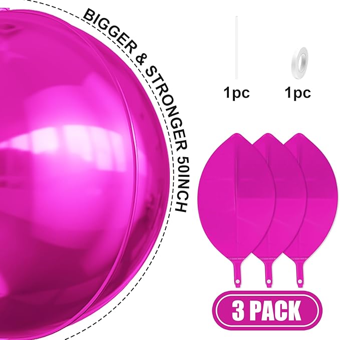 50 Inch Giant Hot Pink Round Foil Balloons, 3Pcs Metallic Pink 4D Ball Balloons for Birthday Wedding Engagement Graduation Baby Shower Gender Reveal Party Decorations