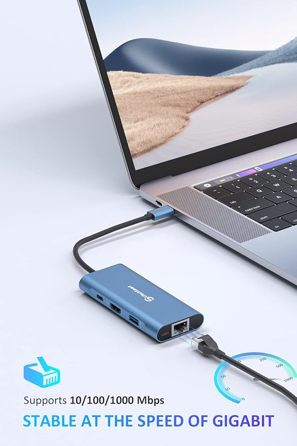 UtechSmart USB C Hub, Ethernet Multiport Adapter 6 in 1 USB C to HDMI Dock Compatible for MacBook Pro/Air, Chromebook, Dell XPS, HP and Type C Devices (Gigabit Ethernet 100W PD 4K HDMI USB 3.0) Blue