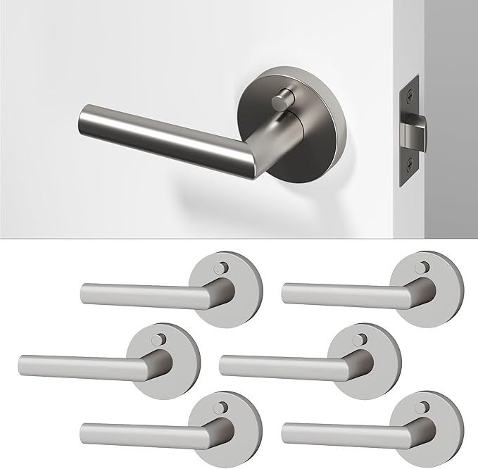 Okun Stark 6-Pack Brushed Nickel Privacy Door Levers – Push Button Lock, Reversible, Sleek Concealed-Mount Design for Bedroom & Bathroom