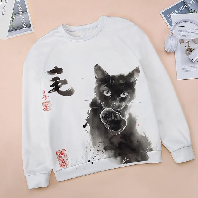 Long Sleeve Shirts for Women Cat Printed Fall Winter Dressy Holiday Casual Fashion Crewneck Tunic Tee Shirts