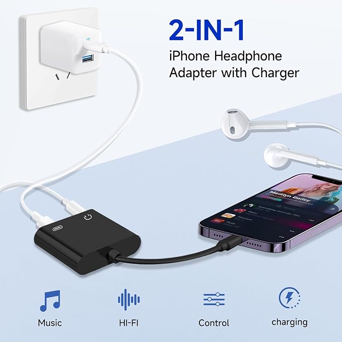 [Apple MFi Certified] 2-in-1 Charging & Audio Adapter for iPhone, Lightning to 3.5mm Headphone Jack Dongle Splitter, Supports Hi-Res Lossless Sound, Compatible with iPhone 14/13/12/11/XS/XR/8/7 1Pack