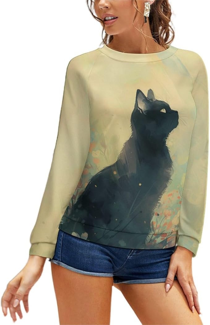 Long Sleeve Shirts for Women Cat Printed Fall Winter Dressy Holiday Casual Fashion Crewneck Tunic Tee Shirts