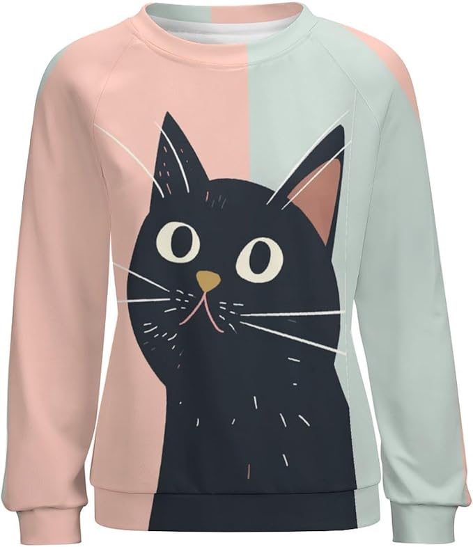 Long Sleeve Shirt Women Fall Cat Print Funny Hide Belly Vacation Plus Size Ladies Hippie Dressy Sweaters