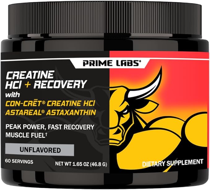 Prime Labs Creatine HCl Powder with Astaxanthin - Supports Muscle Recovery & Brain Health - Con-Cret Creatine HCl (7X More Concentrated Than Monohydrate) + AstaReal Astaxanthin 6mg - 60 Servings