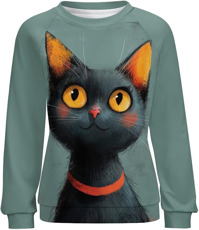 Long Sleeve Shirts for Women Cat Printed Fall Winter Dressy Holiday Casual Fashion Crewneck Tunic Tee Shirts