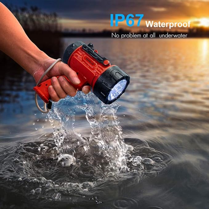 YIERBLUE Rechargeable Spotlight with Super High Lumen LED, IP67 Waterproof Handheld Flashlight Searchlight with Detachable Red Light Filter, Long Running