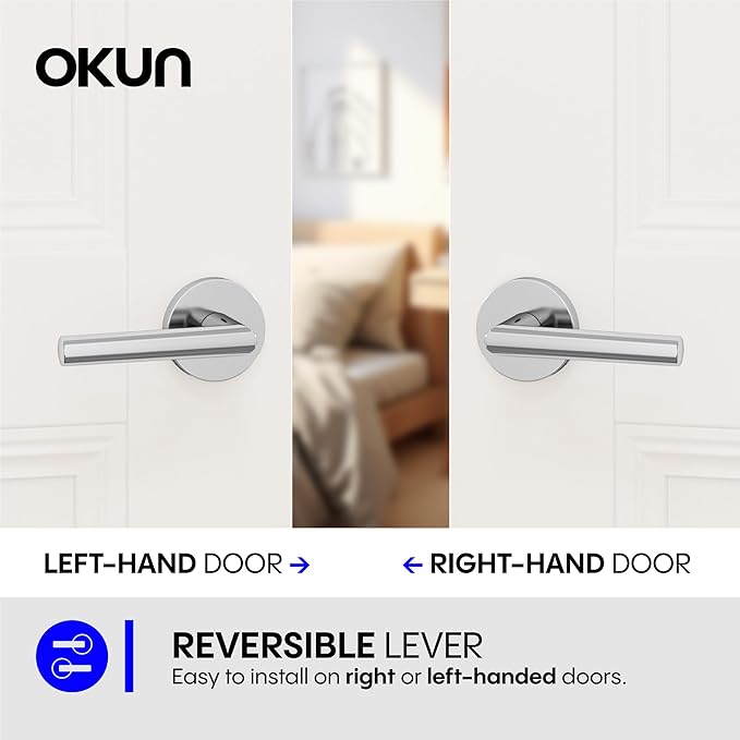 Okun Stark 6-Pack Chrome Passage Door Levers – Reversible Non-Locking Interior Handles with Sleek Concealed-Mount Design for Hallways & Closets
