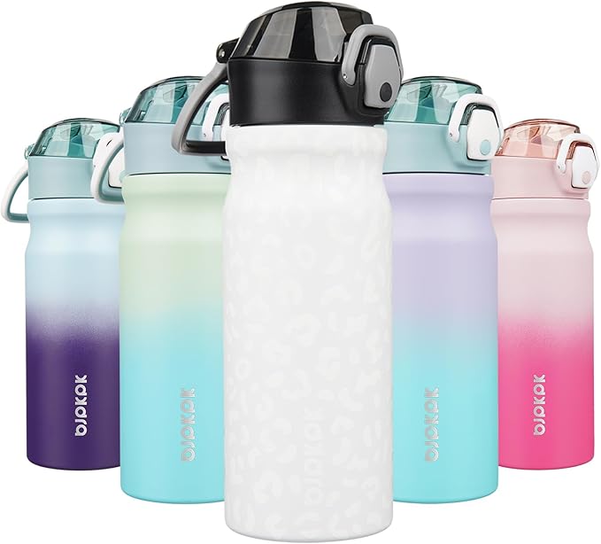 BJPKPK Water Bottle with Straw 18oz Insulated Water Bottles Reusable Stainless Steel Metal Thermal Flask with Leak Proof Lockable Lid and Carry Handle,Cream Leopard