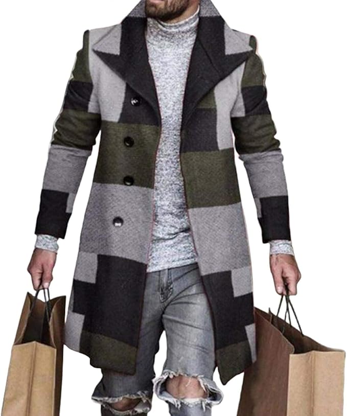 Men's Plaid Long Trench Coat Mid - Length Lapel Collar Button Down Warm Overcoat for Winter & Autumn Fashion
