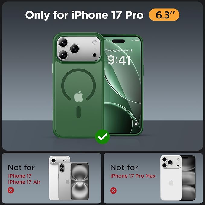 Miracase Magnetic for iPhone 17 Pro Case 6.3" with Screen Protector, [Compatible with MagSafe] Military-Grade Protection, Anti-Fingerprint, Slim Thin Phone Case for 17 Pro Cover, Dark Green