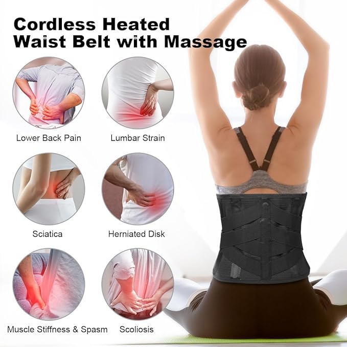 Cordless Heating Pad Back Massager Brace, Rechargeable Heated Back Brace and Massage Belt for Lower Back Pain Relief(M)