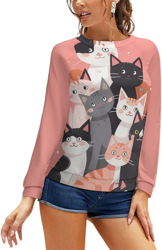 Long Sleeve Shirt Women Fall Cat Print Funny Hide Belly Vacation Plus Size Ladies Hippie Dressy Sweaters