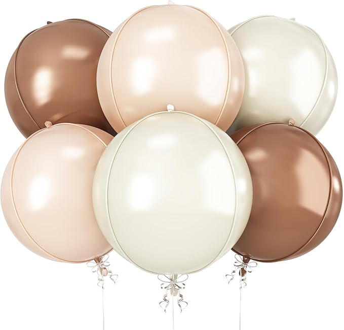 6Pcs Nude Cream Beige Round Foil Balloons, 22inch 4D Apricot Brown Tan Large Ball Balloons, for Boho Birthday Wedding Baby Shower Party Backdrop Decorations