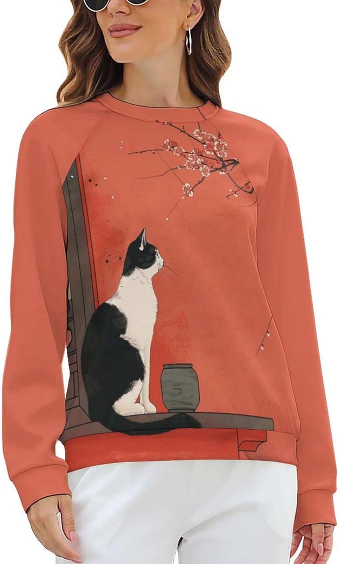 Long Sleeve Shirts for Women Cat Printed Fall Winter Dressy Holiday Casual Fashion Crewneck Tunic Tee Shirts