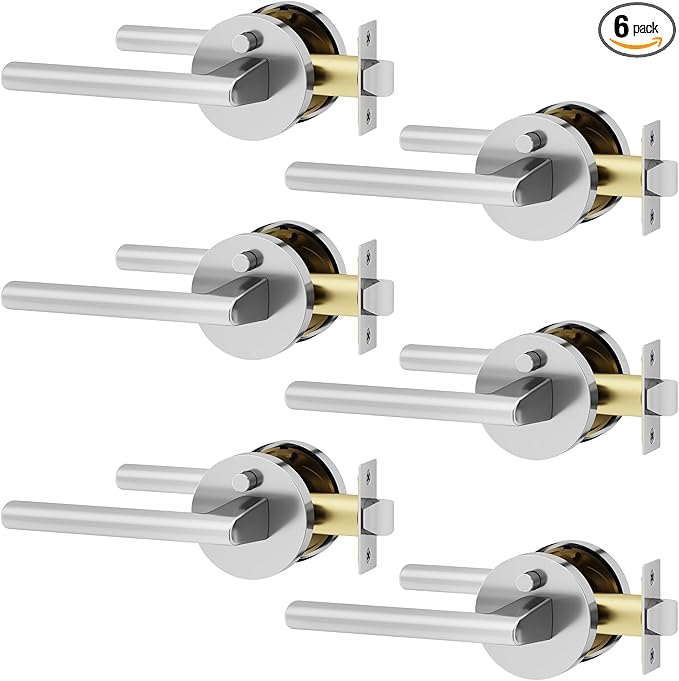 Okun Brio 6-Pack Chrome Privacy Door Levers – Push Button Lock, Reversible, Sleek Concealed-Mount Design for Bedroom & Bathroom