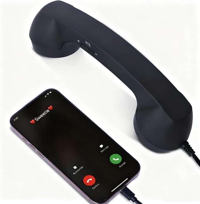 Retro Phone Handset, Type-C Telephone Style Landline Handle Receiver, Vintage Telephone to Landline Adapter, Connect to Cell Phones, with Answer Button, Microphone Speaker