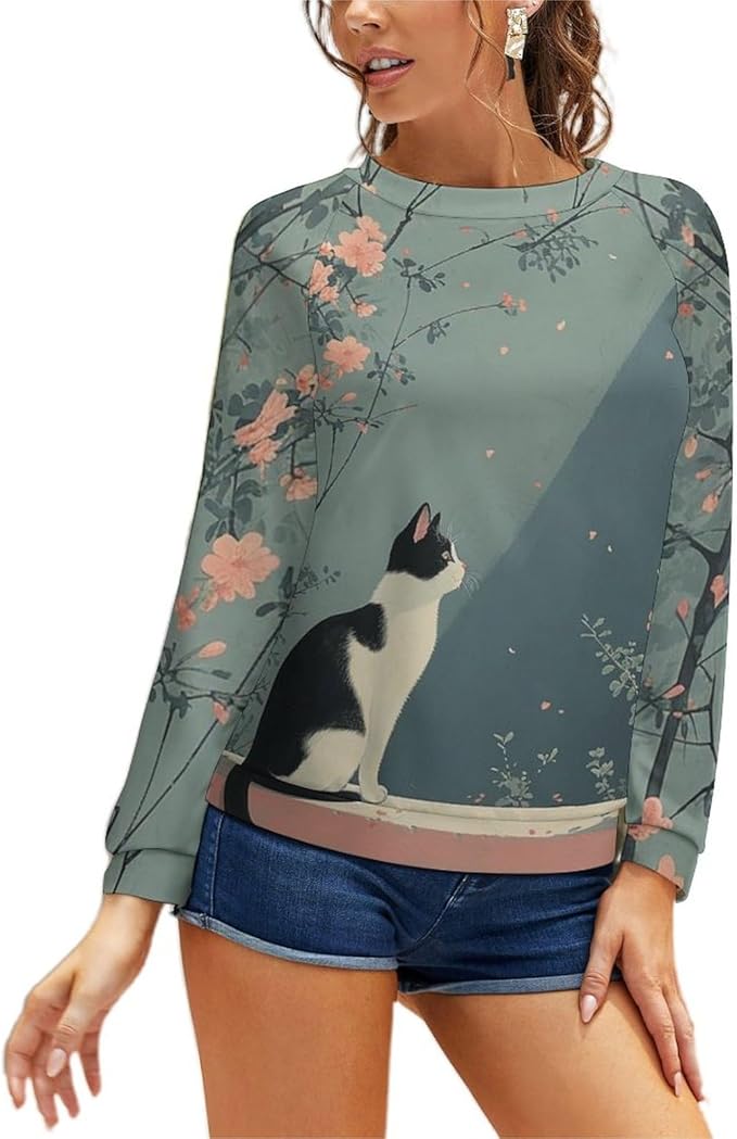 Long Sleeve Shirts for Women Cat Printed Fall Winter Dressy Holiday Casual Fashion Crewneck Tunic Tee Shirts