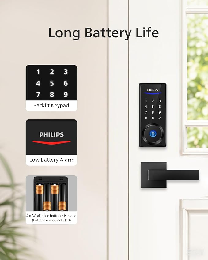 Philips Smart Lock with Handles, Keyless Entry Door Lock Set, Smart Door Lock with 2 Level Handles, Digital Keypad Deadbolt for Front Door, App Fingerprint PIN Code Unlocking, Auto Locking