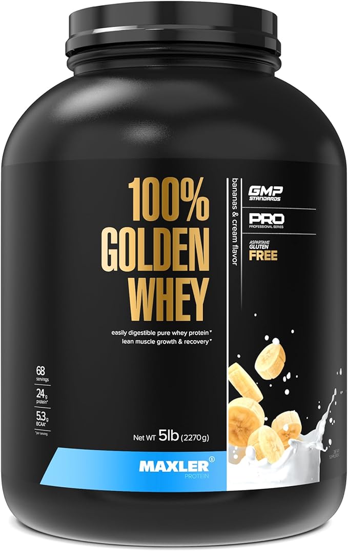 Maxler 100% Golden Whey Protein - 24g of Protein per Serving - Whey Protein Powder for Pre Post Workout - Fast-Absorbing Whey Concentrate, Isolate & Hydrolysate Blend - Bananas & Cream 5 lb