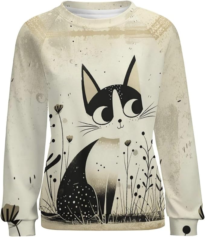 Long Sleeve Shirts for Women Cat Printed Fall Winter Dressy Holiday Casual Fashion Crewneck Tunic Tee Shirts