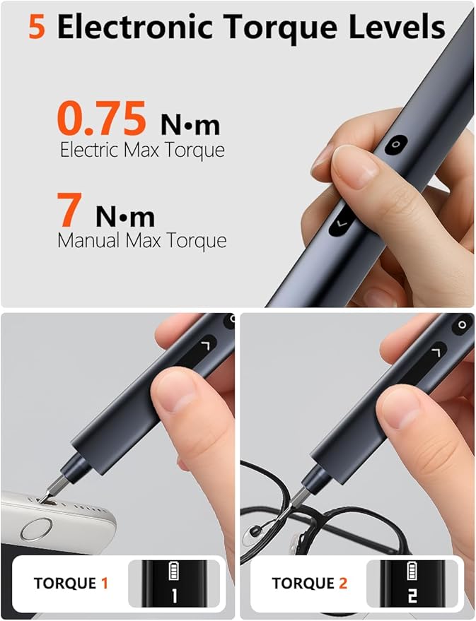 Mini Electric Screwdriver Set, Small Electric Precision Screwdriver with 5 Torque Levels, Max 0.75N.m, 500mAh Battery, 50-in-1 Cordless Power Screwdriver Kit for Laptop, Phone & Electronics Repair