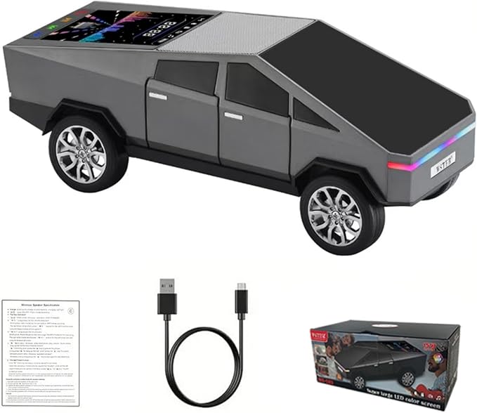 Futuristic Pickup Truck Bluetooth Speaker with LED Display Screen – TWS Stereo, FM Radio, USB/TF Playback, LED Headlights, Built-in Mic, Gift for Truck Fans, Auto Style Lovers&Tech Collectors (Gray)