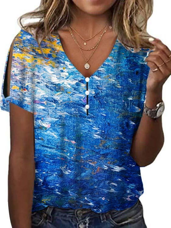 Women's Boho Butterfly Floral Print Cold Shoulder Flowy Tops Summer Dressy Casual V Neck Ladies Blouses Tunic Tops