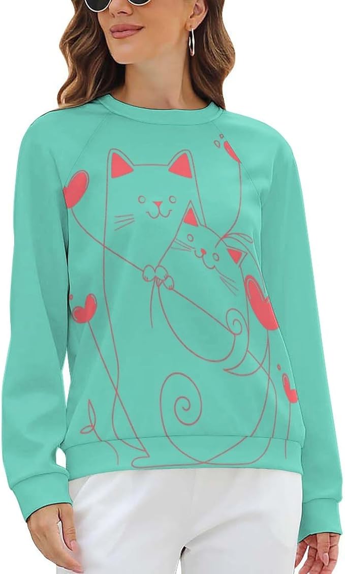 Long Sleeve Shirt Women Fall Cat Print Funny Hide Belly Vacation Plus Size Ladies Hippie Dressy Sweaters