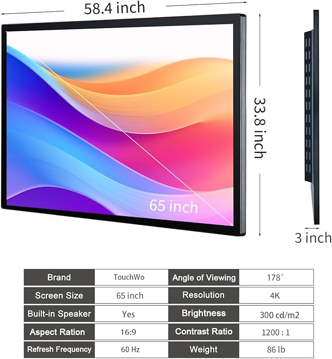 65-inch Interactive Touchscreen Monitor, Electronic Whiteboard Touch Screen with 4K Display, Smart Board for Home Office and Classroom, Bundled Android 14, RAM 8G & ROM 128G