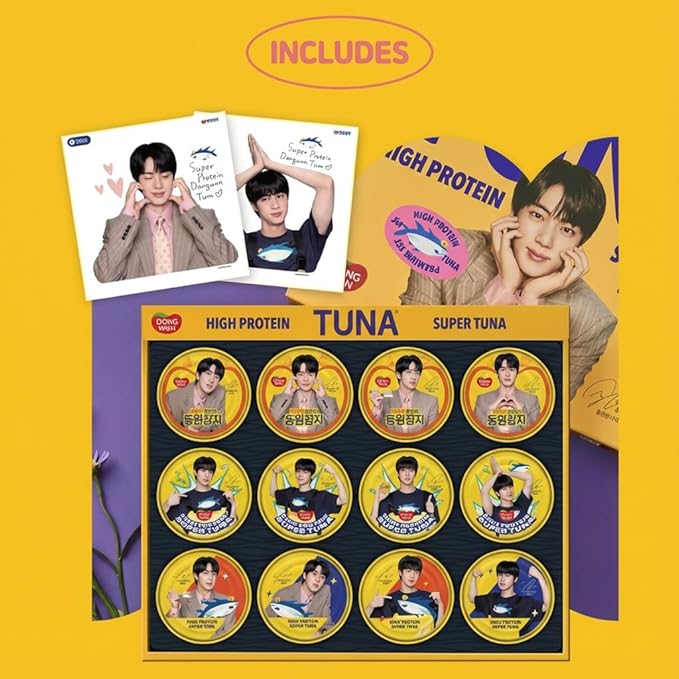 Dongwon BTS Jin Special Edition Tuna 12-Pack Gift Set – Limited Collectible Cans + 2 Stickers, High-Protein Korean Light Standard Tuna, Official K-Pop Merchandise, Premium Gift Box (150g x 12)