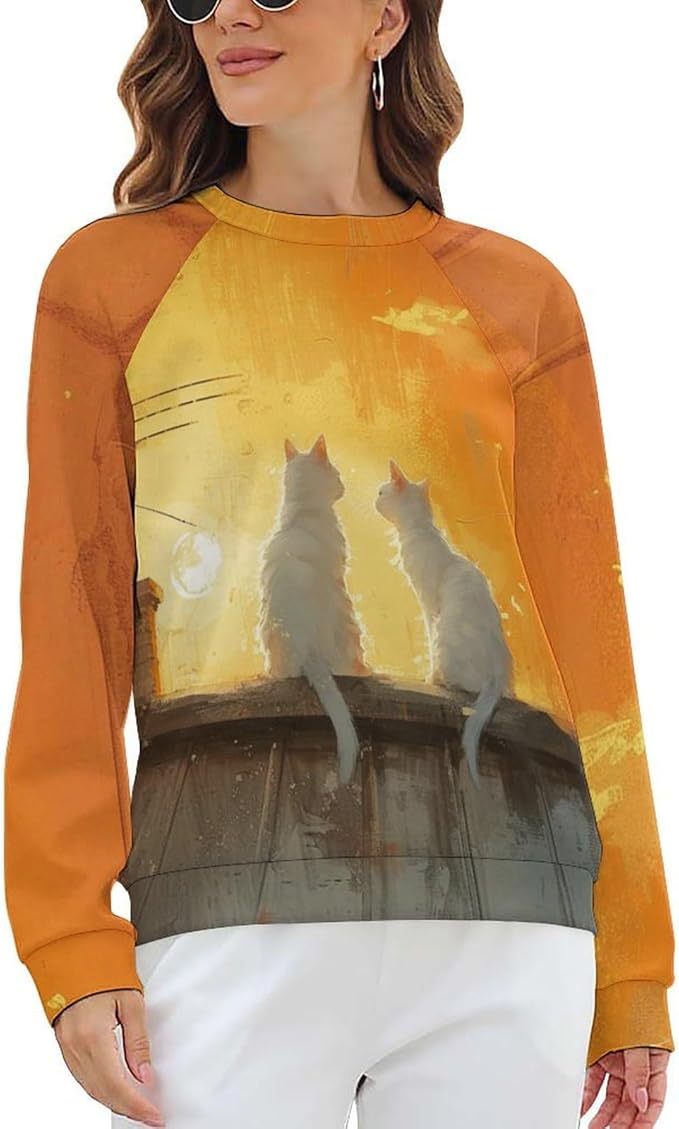Long Sleeve Shirts for Women Cat Printed Fall Winter Dressy Holiday Casual Fashion Crewneck Tunic Tee Shirts