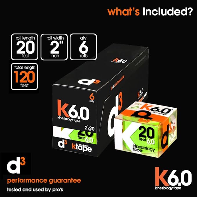 d3 K6.0 Kinesiology Tape - 2in x 20ft Lime (6 Rolls) Latex-Free Hypoallergenic Joint Muscle Sports Medical Injury Support
