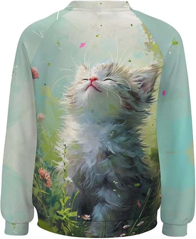 Long Sleeve Shirts for Women Cat Printed Fall Winter Dressy Holiday Casual Fashion Crewneck Tunic Tee Shirts