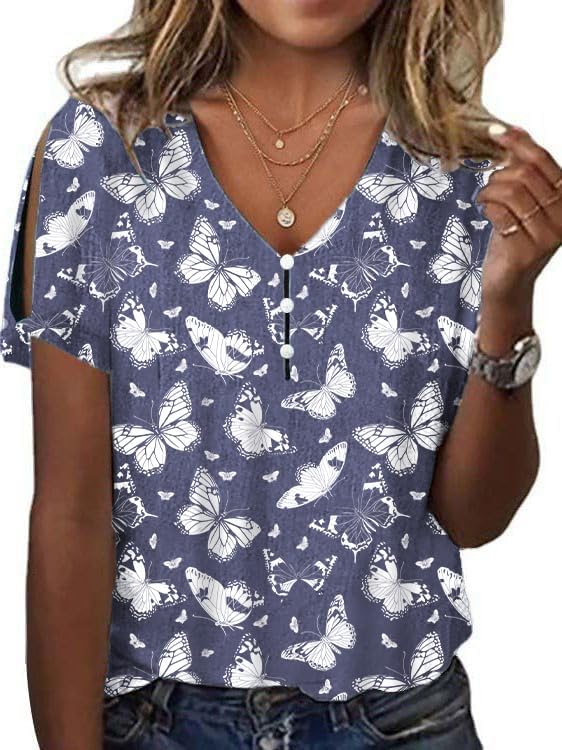 Women's Boho Butterfly Floral Print Cold Shoulder Flowy Tops Summer Dressy Casual V Neck Ladies Blouses Tunic Tops