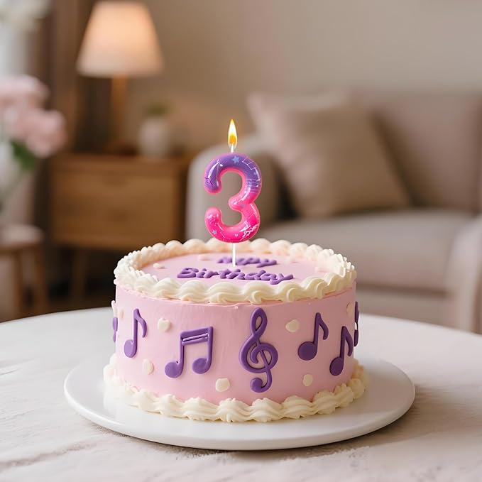 Lurevian K-pop Pink Purple Number Birthday Candle – Trendy Cake Decoration for Themed Parties, Sparkly Gradient Cake Topper for Girls Birthday Party Decoration for Teens（Number 3）