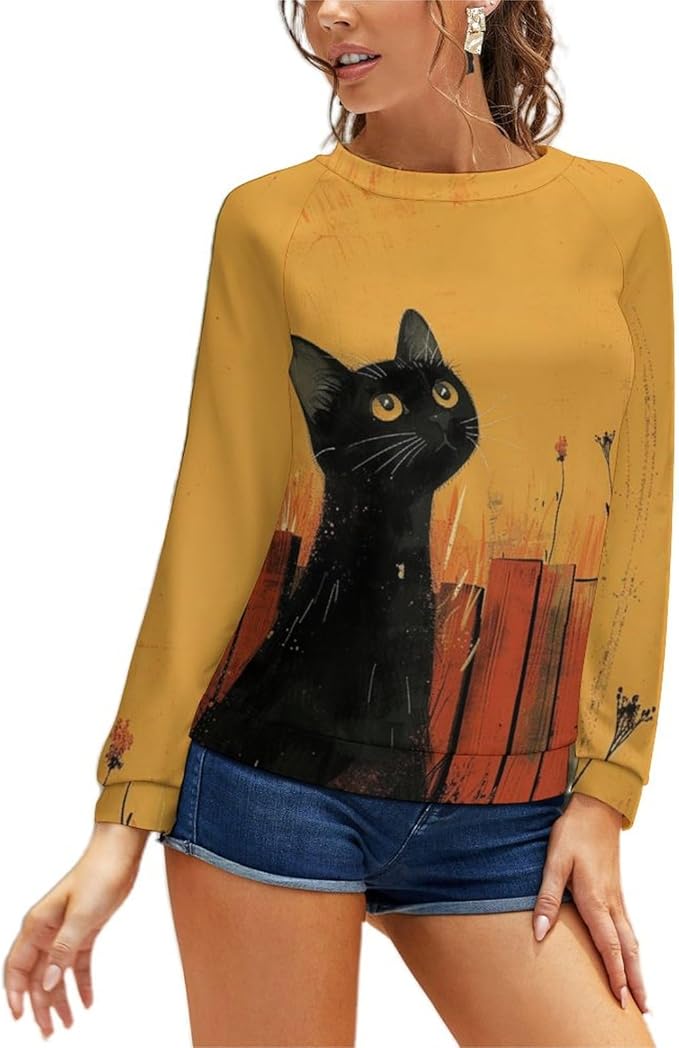 Long Sleeve Shirts for Women Cat Printed Fall Winter Dressy Holiday Casual Fashion Crewneck Tunic Tee Shirts