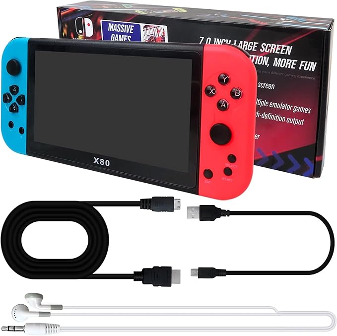 Portable Retro Game Console X80 with 7 Inch Display and 16GB Memory Built-in Many Games - Blue and Red